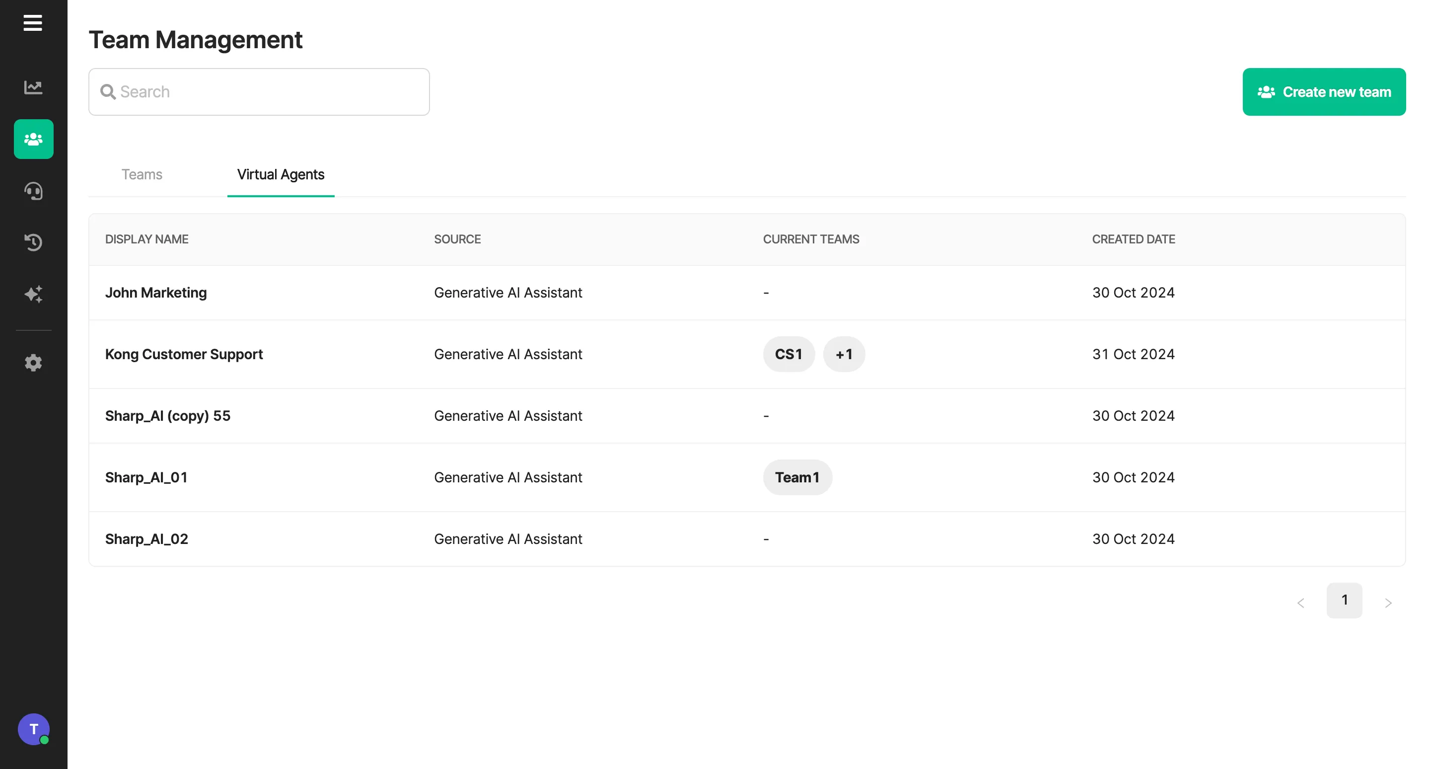 Virtual Agents Tab on Team Management page